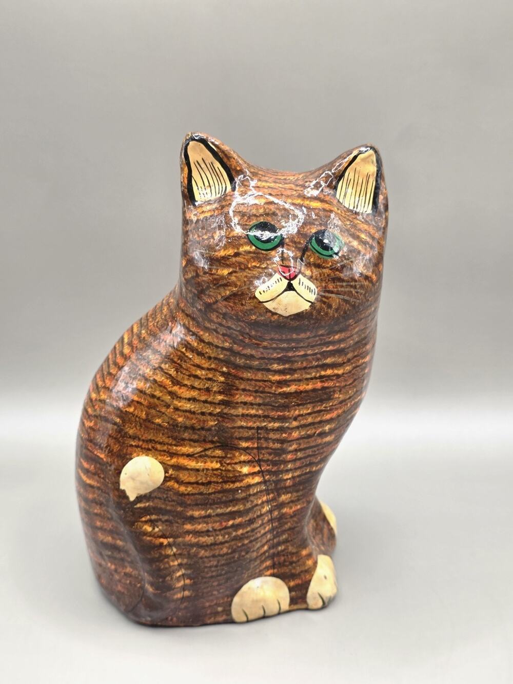 Kashmiri Papier Mache Hand Painted Cat Figurine 8in Vintage India Folk Art